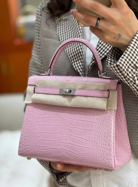 方块哑光进口美洲鳄鱼皮女士手提包奢侈品女包全手工缝带锁3Q粉