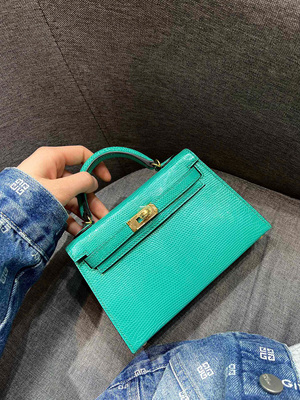 进口蜥蜴皮mini凯莉二代19CM全手工缝制金银扣丝绒绿女士小包包