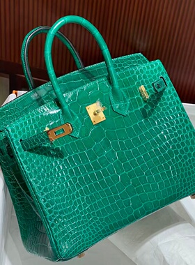 翡翠绿倒V进口高光湾鳄鳄鱼皮BK铂金包25女士的提包纯手工缝带锁