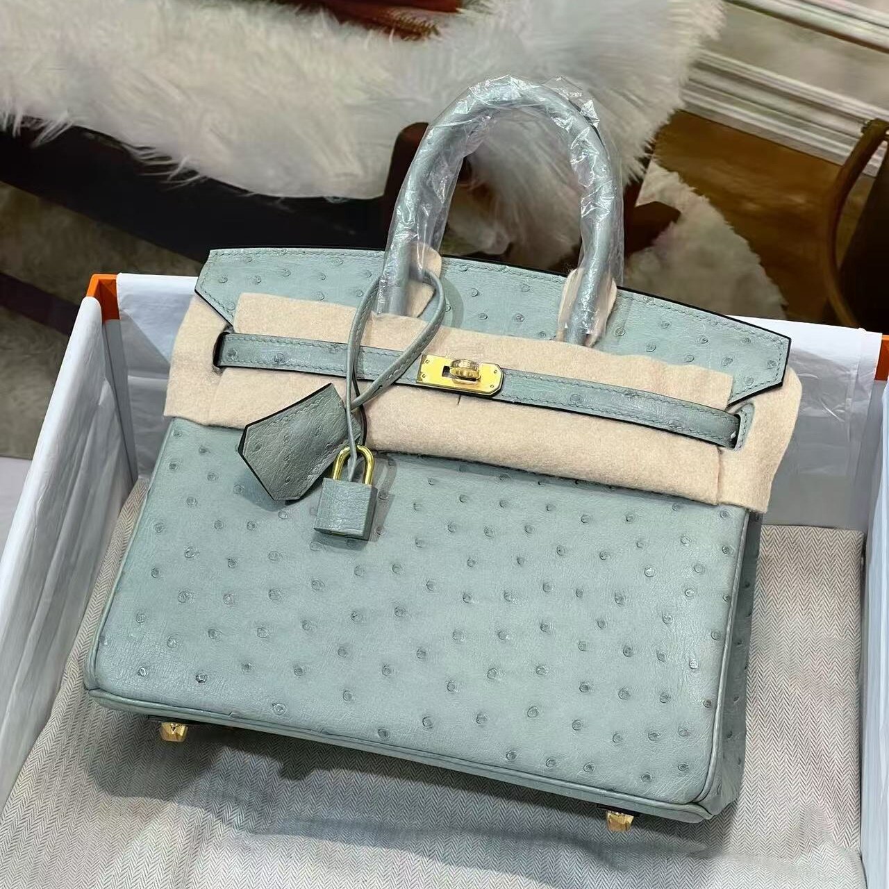 进口KK鸵鸟皮BK铂金包25女士手提包奢侈品女包真皮带锁稀有皮定制