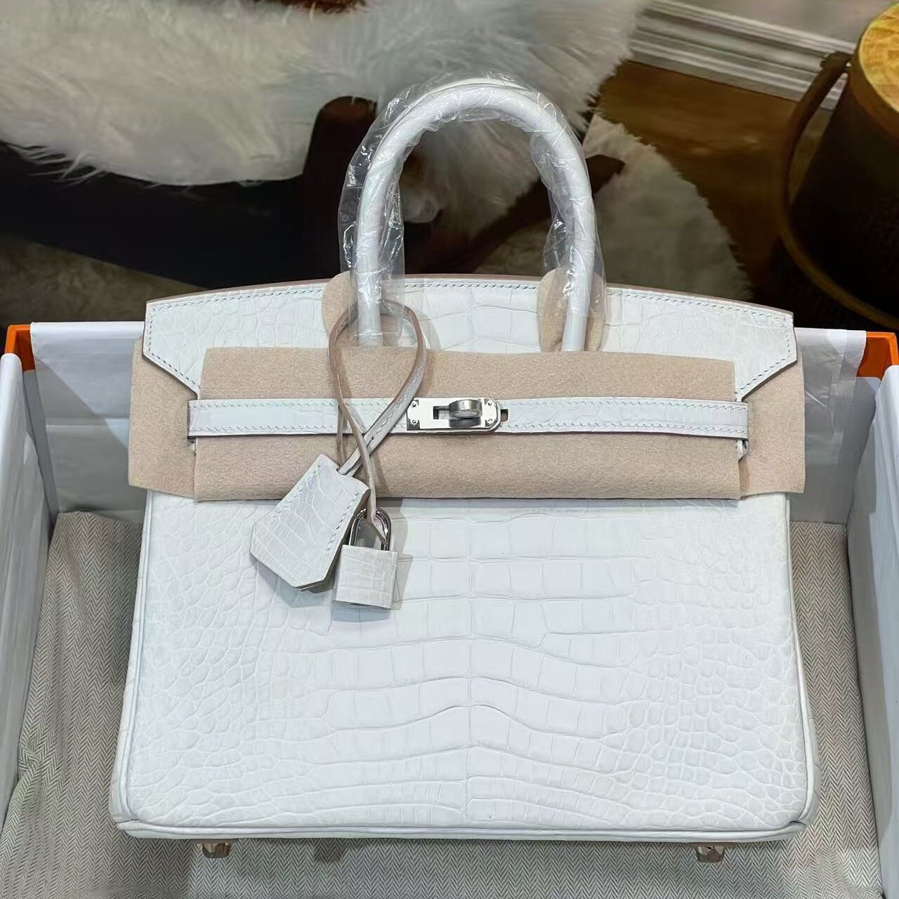 奶白色进口雾面美洲鳄鱼皮BK铂金包女士手提包纯手工女包稀有皮