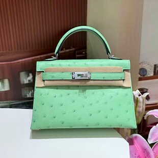 牛油果绿南非进口KK鸵鸟皮迷你mini凯莉二代女士单肩斜挎小包手工