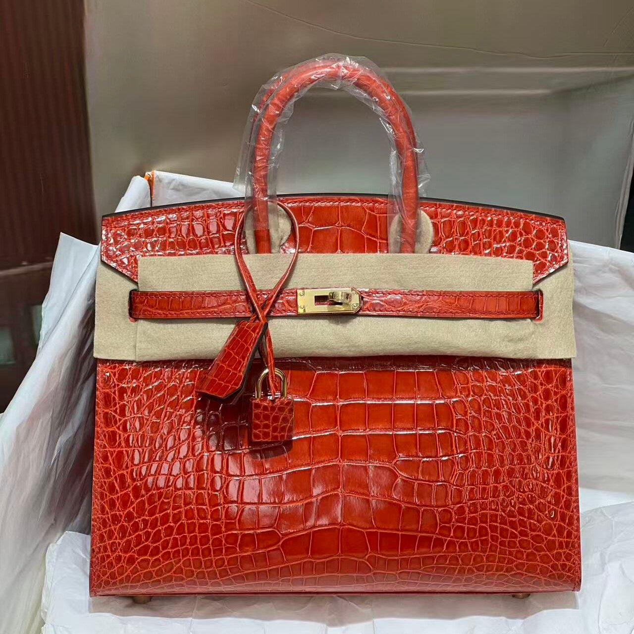 进口高光方块美洲鳄鱼皮亮面BK铂金包25女士手提包全手工外缝红色