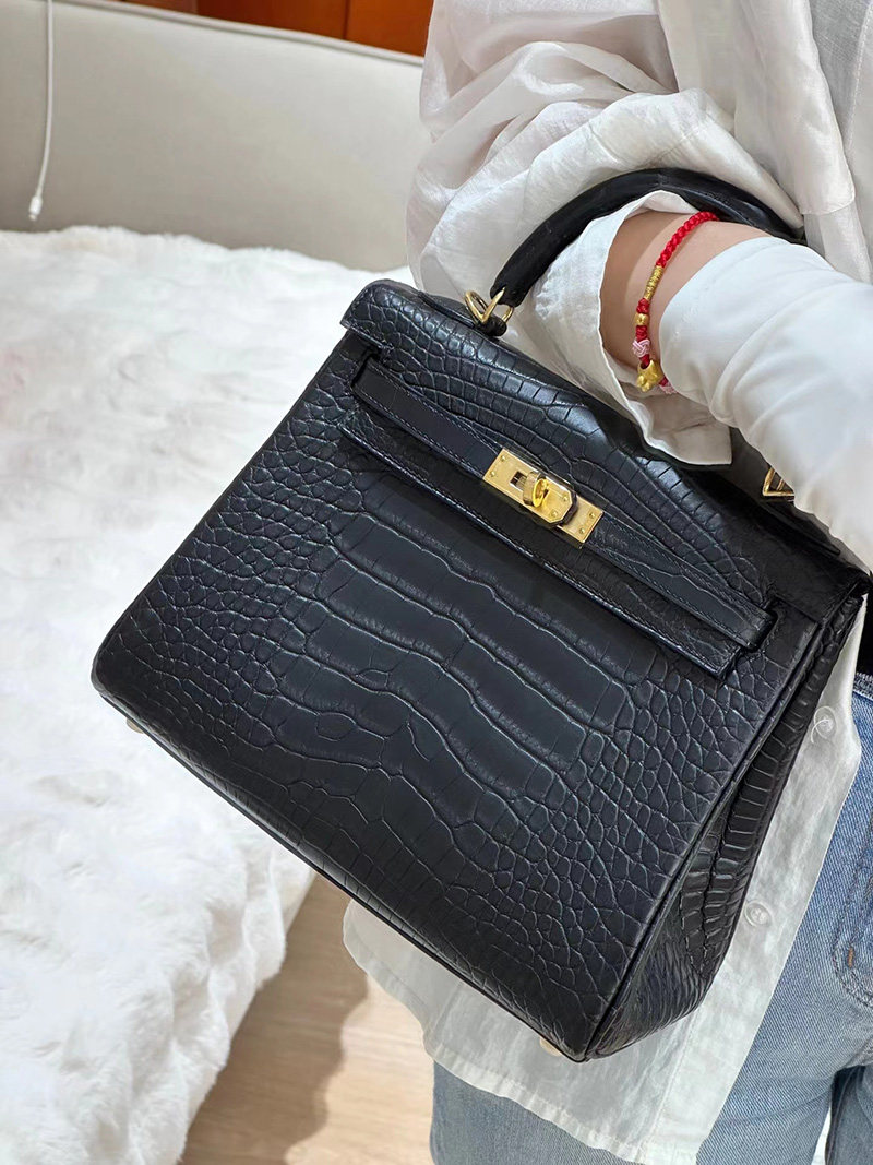 雾面进口美洲鳄鱼皮KL凯莉包25CM女士手提包高档女包金扣全手工缝