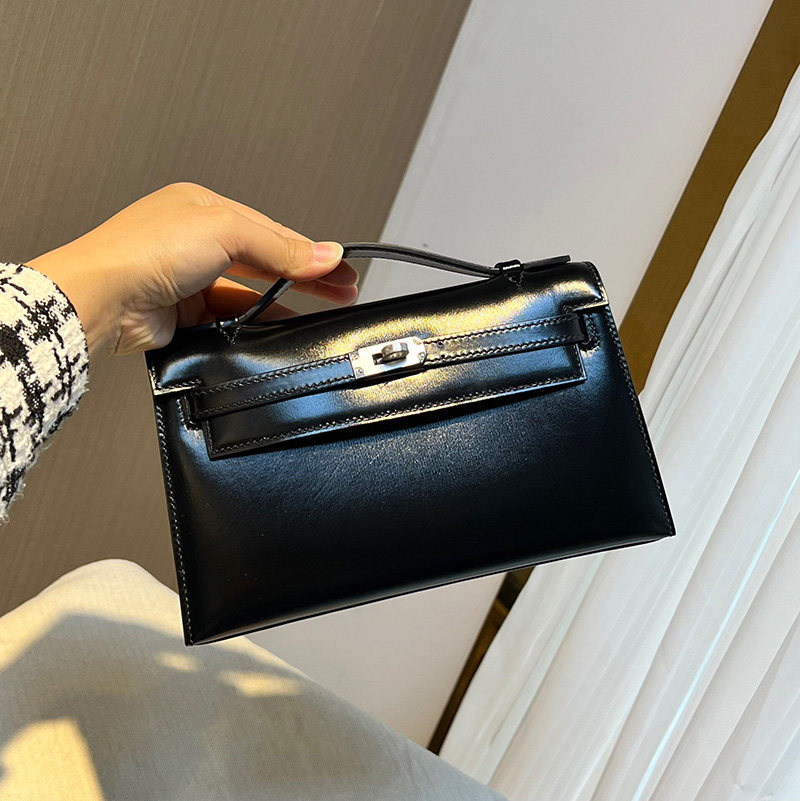 BOX皮女士手拿晚宴包mini凯莉一代22CM全手工缝H家银扣黑色图片