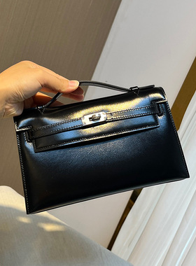 BOX皮女士手拿晚宴包mini凯莉一代22CM全手工缝H家银扣黑色
