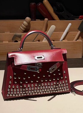 铆钉款BOX皮mini普皮凯莉二代女士单肩斜挎小包夏季手工包红色