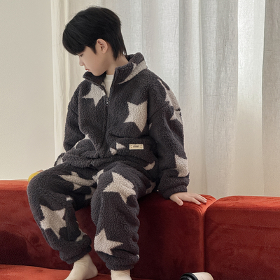男童家居服套装秋冬款2025新款儿童装冬季珊瑚绒加厚睡衣男孩冬装