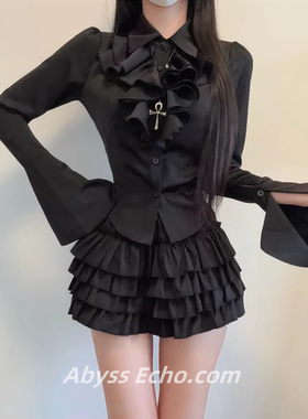 轻亚文化暗黑风泡泡袖上衣两件套春季新款衬衫蓬蓬蛋糕短裙子套装