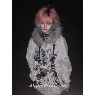 y2k亚文化毛领外套女秋冬新款加绒连帽卫衣开衫视觉系哥特风上衣