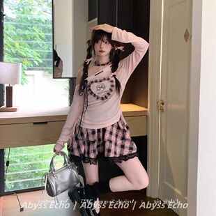 收腰格纹蕾丝边吊带裙女蕾丝边短裙 亚萌暗黑甜酷风连衣裙子春季