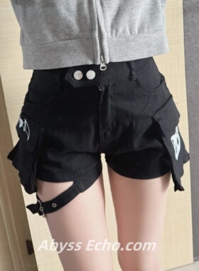 宅萌系亚文化高腰短裤女春季新款辣妹小猫口袋显瘦热裤子修身y2k