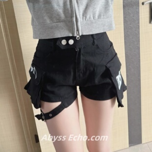 宅萌系亚文化高腰短裤女春季新款辣妹小猫口袋显瘦热裤子修身y2k