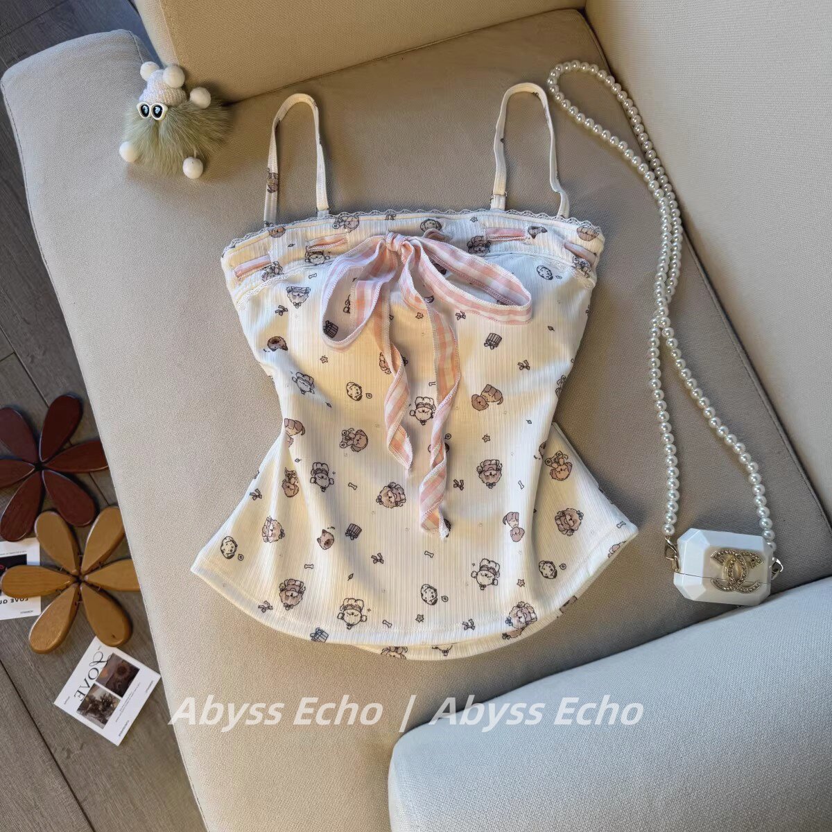 宅萌系可外穿背心上衣女新款甜辣风趣味少女印花含胸垫吊带背心