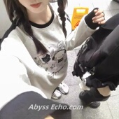 日系条纹撞色宅萌系可爱宽松亚文化少女二次元 卡通纯棉长袖 t恤女