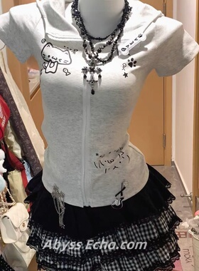 哥特风日系辣妹夏季T恤修身亚文化百搭猫耳朵连帽短袖宅系外套女