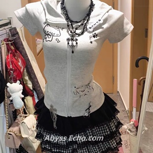 哥特风日系辣妹夏季T恤修身亚文化百搭猫耳朵连帽短袖宅系外套女