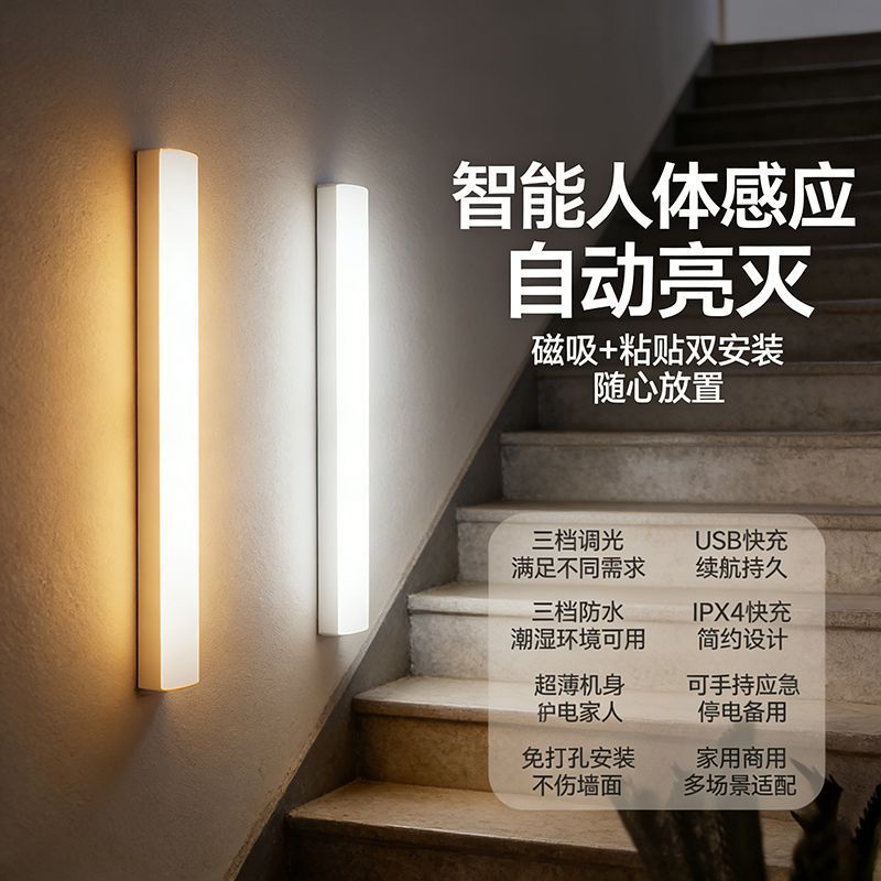 LED智能人体感应暖黄暖光白光充电磁吸灯人走灯灭夜用过道小夜灯图片