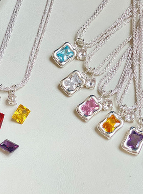 可换6种彩色宝石双层项链方钻璀璨个性显瘦锁骨链多巴胺项链饰品