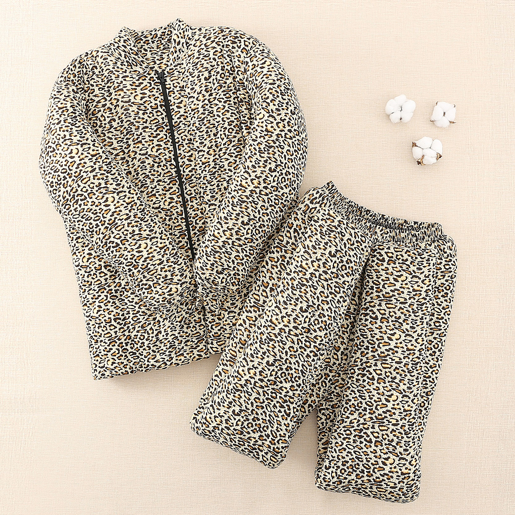 纯手工棉花棉衣女冬季加厚保暖棉裤套装妈妈修身花色棉袄豹纹棉服