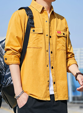 衬衫男韩版潮流牛仔工装长袖帅气宽松外套休闲衬衣短袖七分袖痞帅
