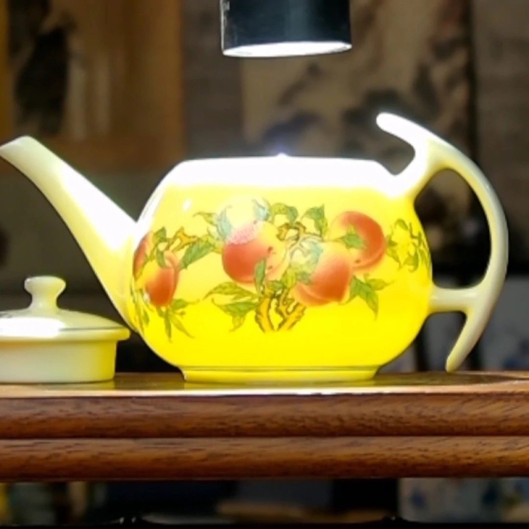 景德镇高温陶瓷黄稀土寿桃功夫茶壶手工泡茶壶350cc茶具 长嘴壶