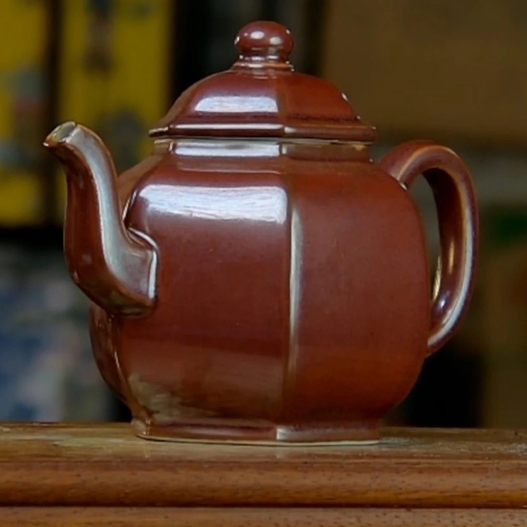 景德镇陶瓷建国瓷厂复古铁锈红八方壶单色釉壶茶壶摆件 家居摆件
