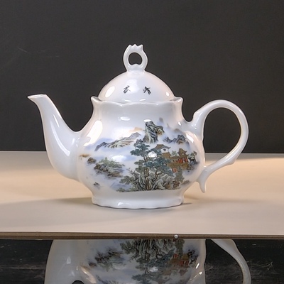 景德镇艺术瓷厂高温陶瓷依山傍水山水茶壶花口泡茶壶家用壶1000ml