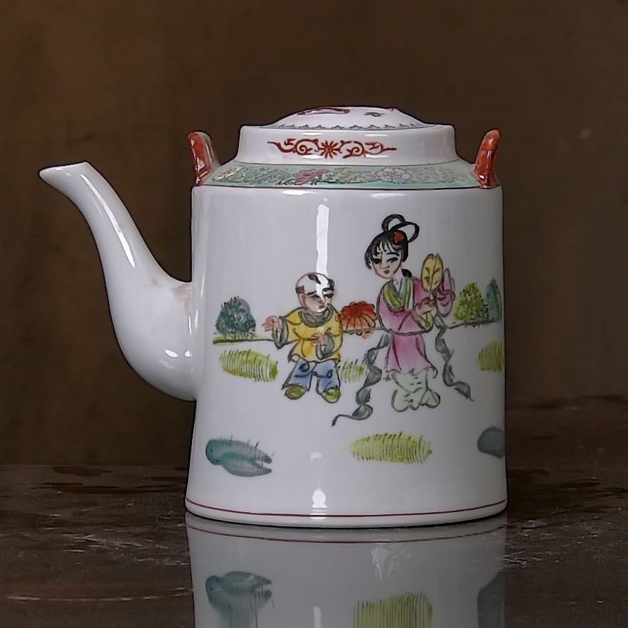 景德镇老厂货陶瓷提梁壶手绘粉彩人物收藏茶具茶壶70年代567瓷器