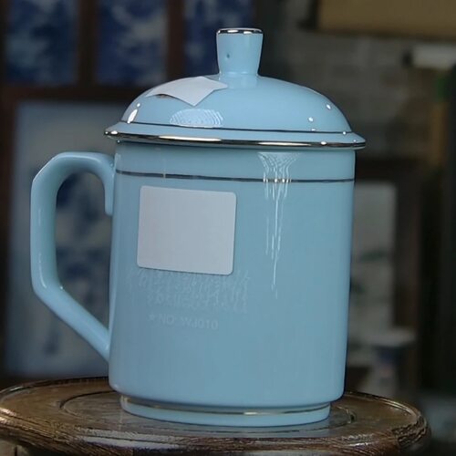 景德镇高温陶瓷蓝稀土描金办公杯会议杯茶杯水杯带盖泡茶杯500cc