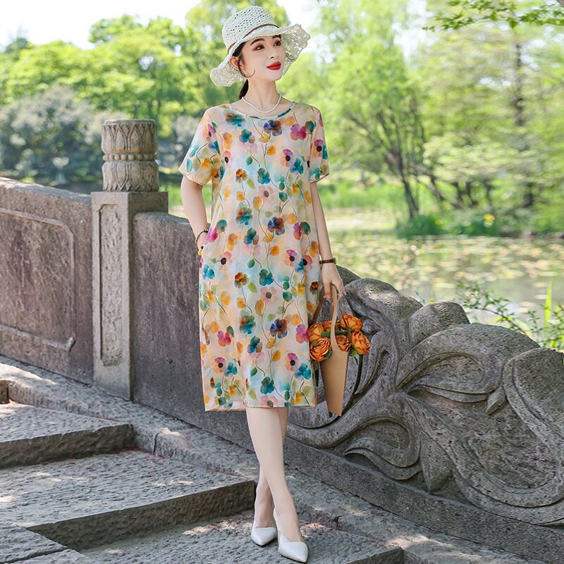 高档口袋棉绸连衣裙女夏中长款小个子妈妈碎花高档漂亮直筒裙显瘦
