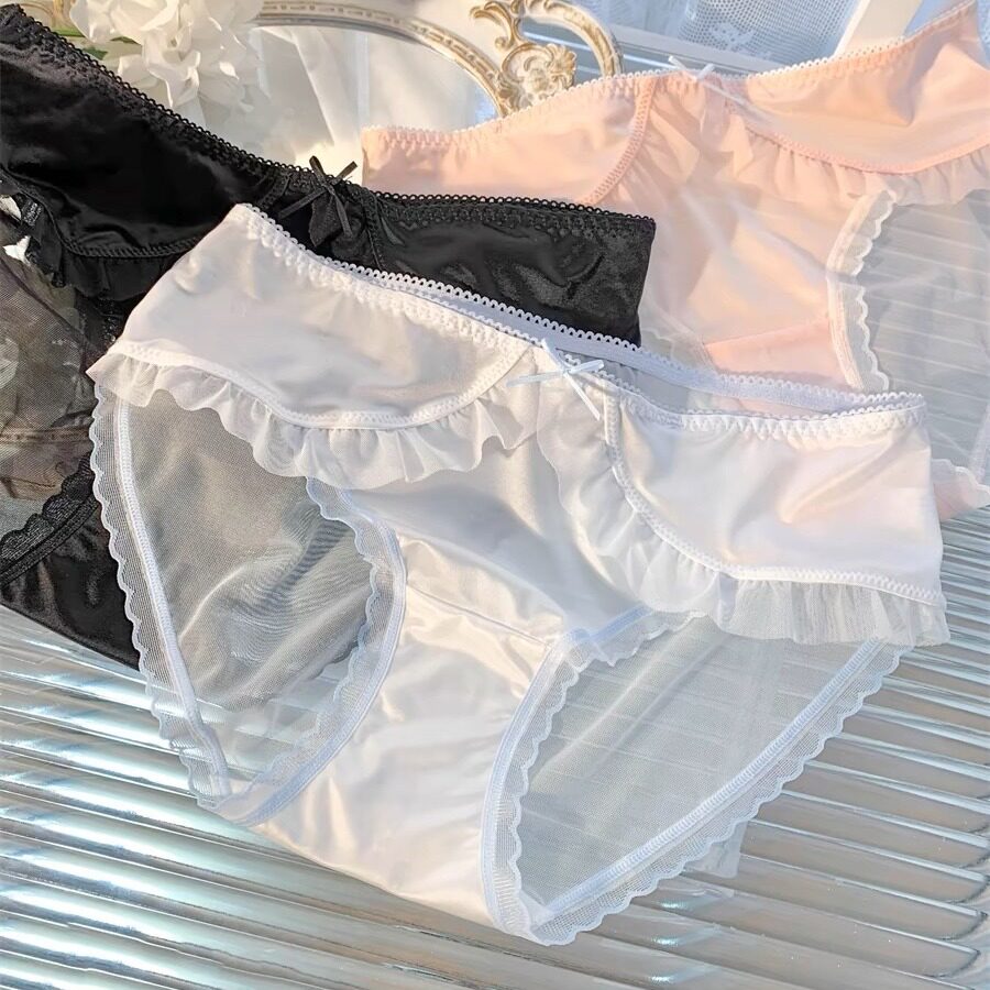 油光冰丝女蕾丝内裤女花边清透网纱百褶飘带撞色纯净蕾丝女士内裤