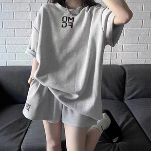 美式复古运动服套装女夏季宽松短袖短裤时尚休闲华夫格两件套