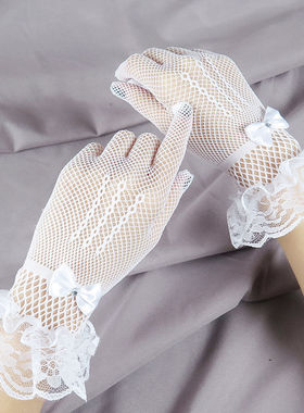 黑色蕾丝花边女镂空性感婚纱手套烫钻蝴蝶结手套薄款网眼手套