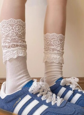 日系洛丽塔白色蕾丝花边过膝袜子女纯欲lolita长高筒袜JK丝袜带