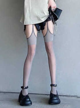 辣妹黑色丝袜性感吊带一体袜薄款纯欲过膝半截袜显瘦高筒大腿袜子