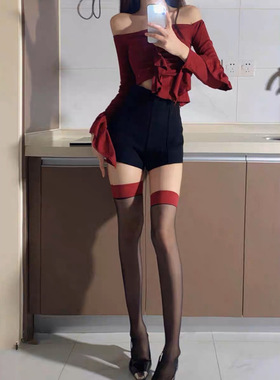 袜子女过膝大腿袜超薄高筒性感黑丝包芯丝过膝红色边丝袜拼接长筒