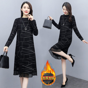 长袖连衣裙秋冬季2025新款时尚气质女装宽松显瘦加绒遮肚子打底裙
