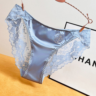 蕾丝内裤 拿货 欧美法式 纯棉裆 女山茶花无痕丝滑缎面女士三角裤
