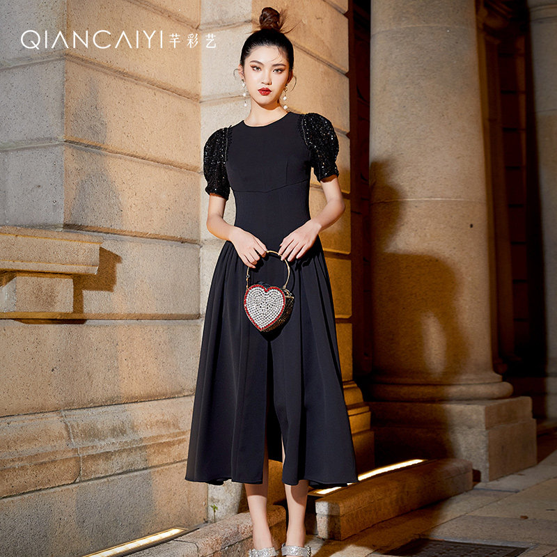 思朵芊彩艺黑色短袖修身显瘦长款平时可穿约会婚宴礼服连衣裙女