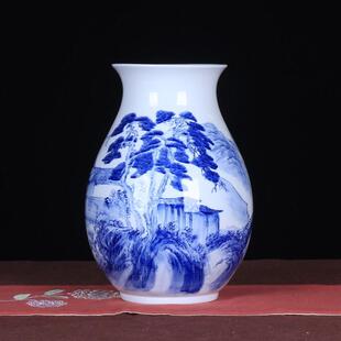 景德镇陶瓷花瓶名家手绘青花瓷釉下彩青花山水福筒花瓶客厅摆件