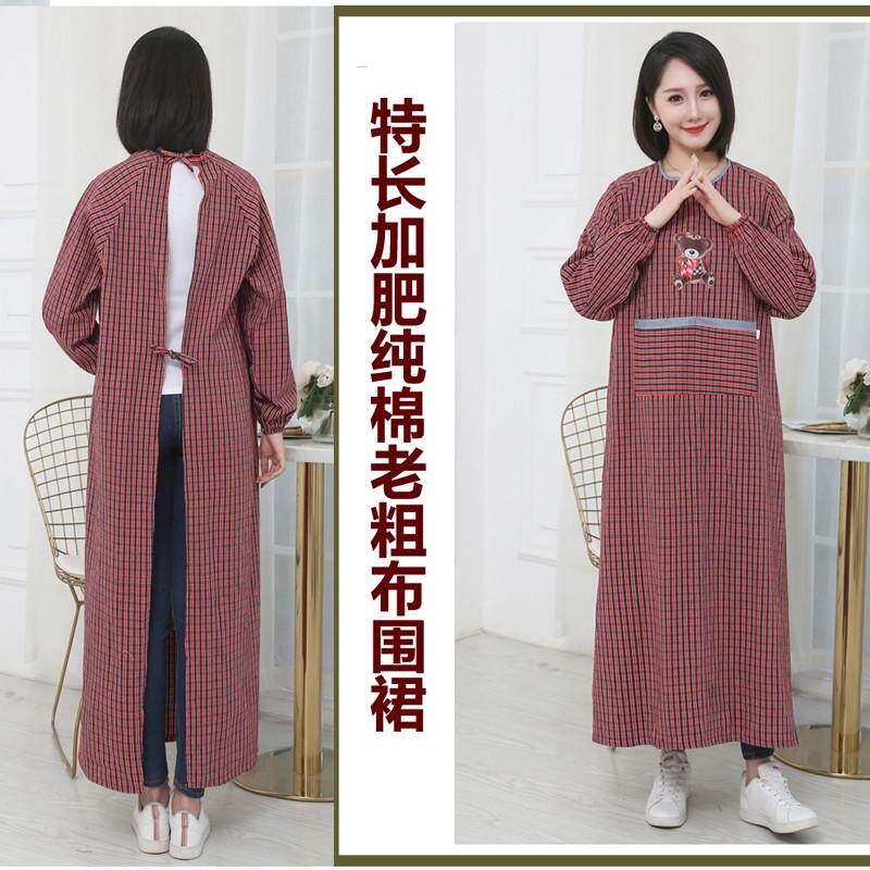 加厚围裙老棉粗布长版女厨房男罩衣工作干活衣服有袖围腰加肥加大