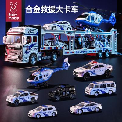 合金双层平板警车拖车玩具儿童运输救援男孩吊车大货卡车2025新款