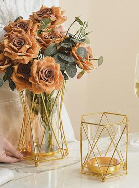 北欧铁艺玻璃插花电镀摆件水培玻璃花瓶家居餐桌桌面客厅装饰摆件