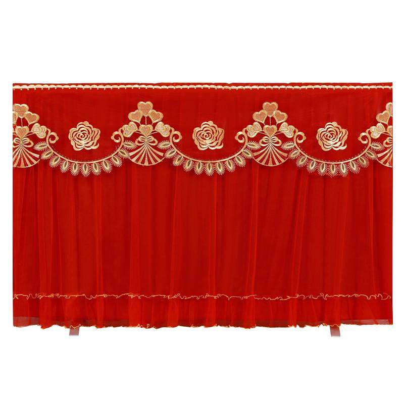 喜庆电视盖布红色刺绣蕾丝65寸55寸罩巾布艺新居结婚电视机防尘罩