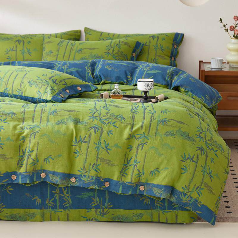 新款a类纯棉双层纱四件套色织提花双面全棉纱布床单被罩床笠床品