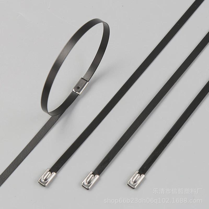 包漆黑色304不锈钢扎带10*500mm扎带锁式不锈钢金属自扣式束线带