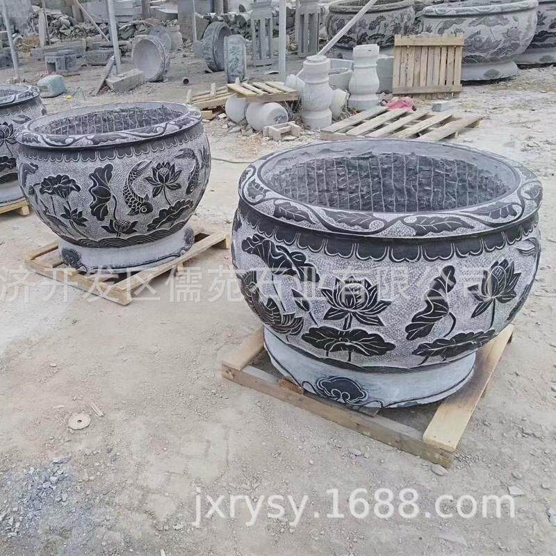 青石水缸圆形鱼缸仿古圆缸养鱼庭院中式水缸石缸石雕荷花鱼缸