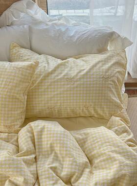 9wor【向秋】水洗棉刺绣格子蝴蝶结纯棉四件套ins简约学生