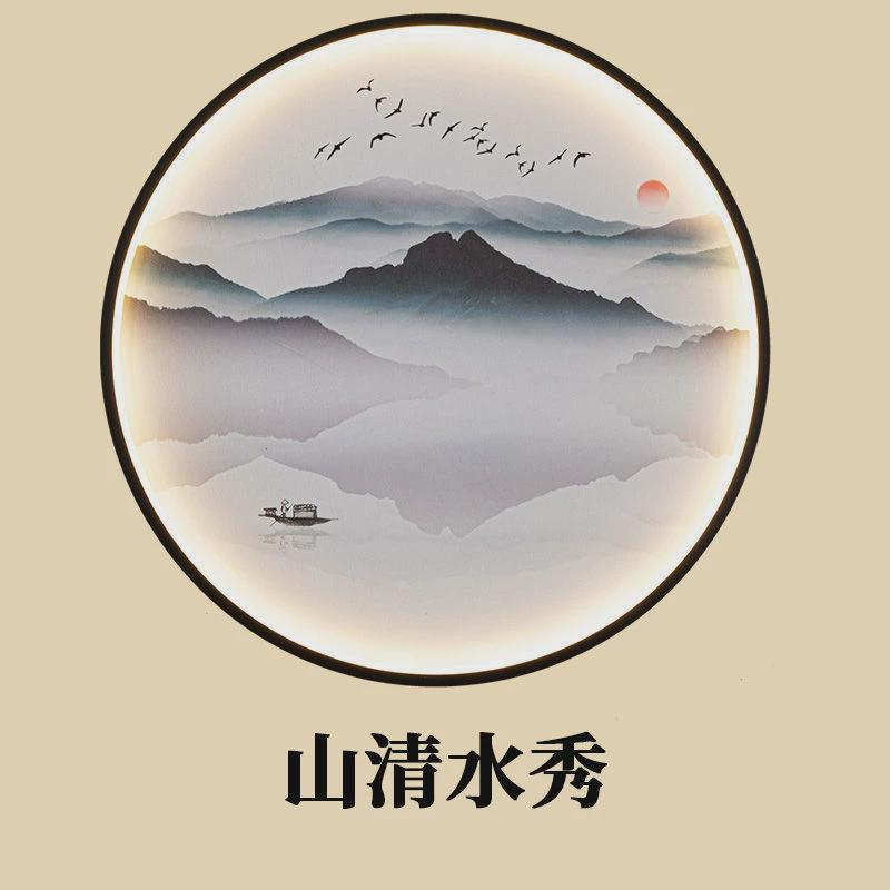 圆形客厅山水画壁灯楼梯玄关新中式餐厅茶室禅意背景墙装饰画壁灯图片